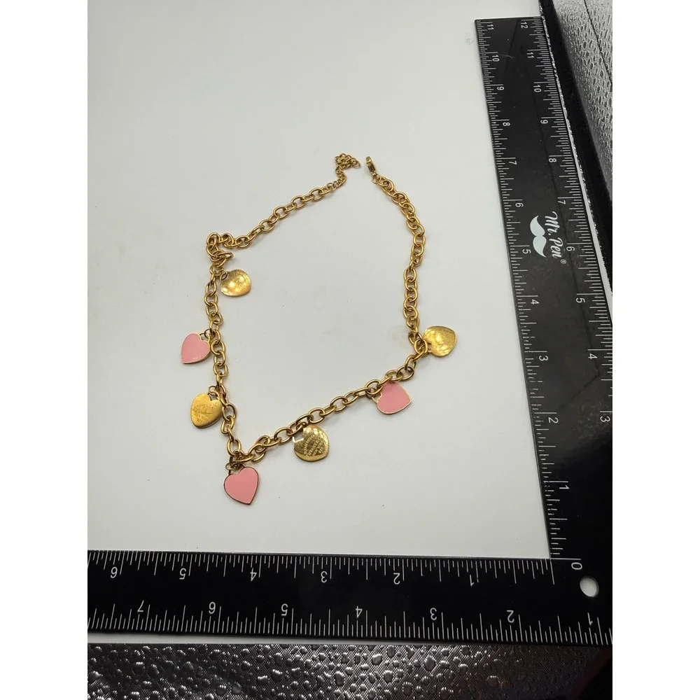 Heart‎ Charm Link Necklace Pink Enamel Gold Tone  16 Inch